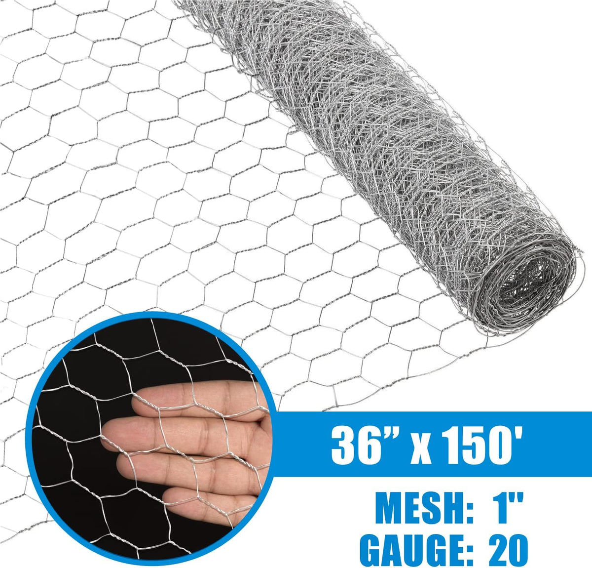 Fencer Wire 20 Gauge Chicken Wire Fence, Galvanized Poultry Hexagonal Netting Crafting, Chicken Coops & Rabbit Rodent Cage, 1-Inch Hex Grid (3 ft. x 150 ft.)