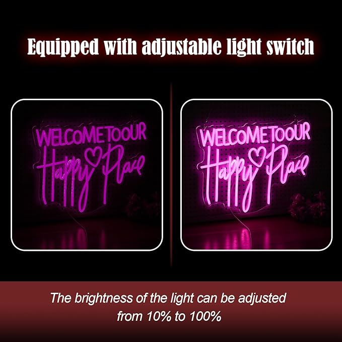 Welcome To Our Happy Place Neon Sign LED Pink Our Happy Place Neon Light With USB for Wall Decor Dimmable Happy Letters Light Up Sign for Bedroom Wedding Party Home Decor (16.7 * 12.6In)