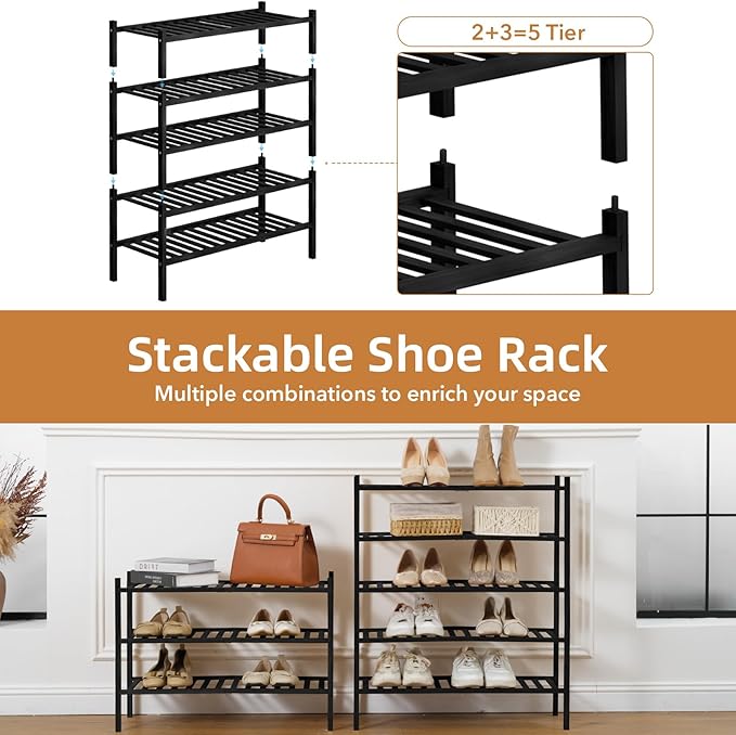 5 Tier Bamboo Shoe Rack Storage Organizer for Closet, Multifunctional Stackable Free Standing Shoe Shelf Organizer for Small Space,Entryway, Hallway, Bathroom27 x11 x32 (Black, 5 Tier)