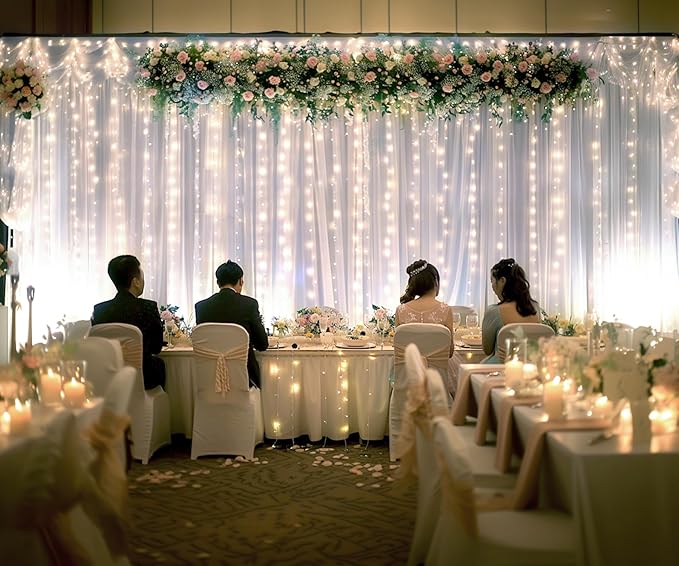White Tulle Backdrop Curtain with Lights String for Parties Wedding Bridal Shower Sheer White Curtain Backdrop for Birthday Baby Shower Photo Booth Photography Background Decorations 20ft x 8ft