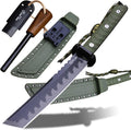 BA-KOR 15.8in Full Tang Japanese Style Outdoor Knife –8mm DC53 Steel, Nylon Fiber Handle &Sheath, Hunting Survival Knife+(5.9in) cerium igniter (Green handle and black blade (8mm))
