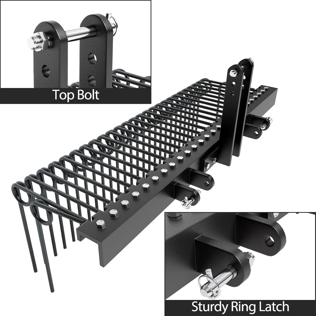 72" Durable Powder Coated Steel Pine Straw Rake, Steel Spring Landscape Rake for Leaves, Pine Needles, Straw, and Grass Attaches to Cat 0 Cat 1,3 Point Hitch Tractor, Black
