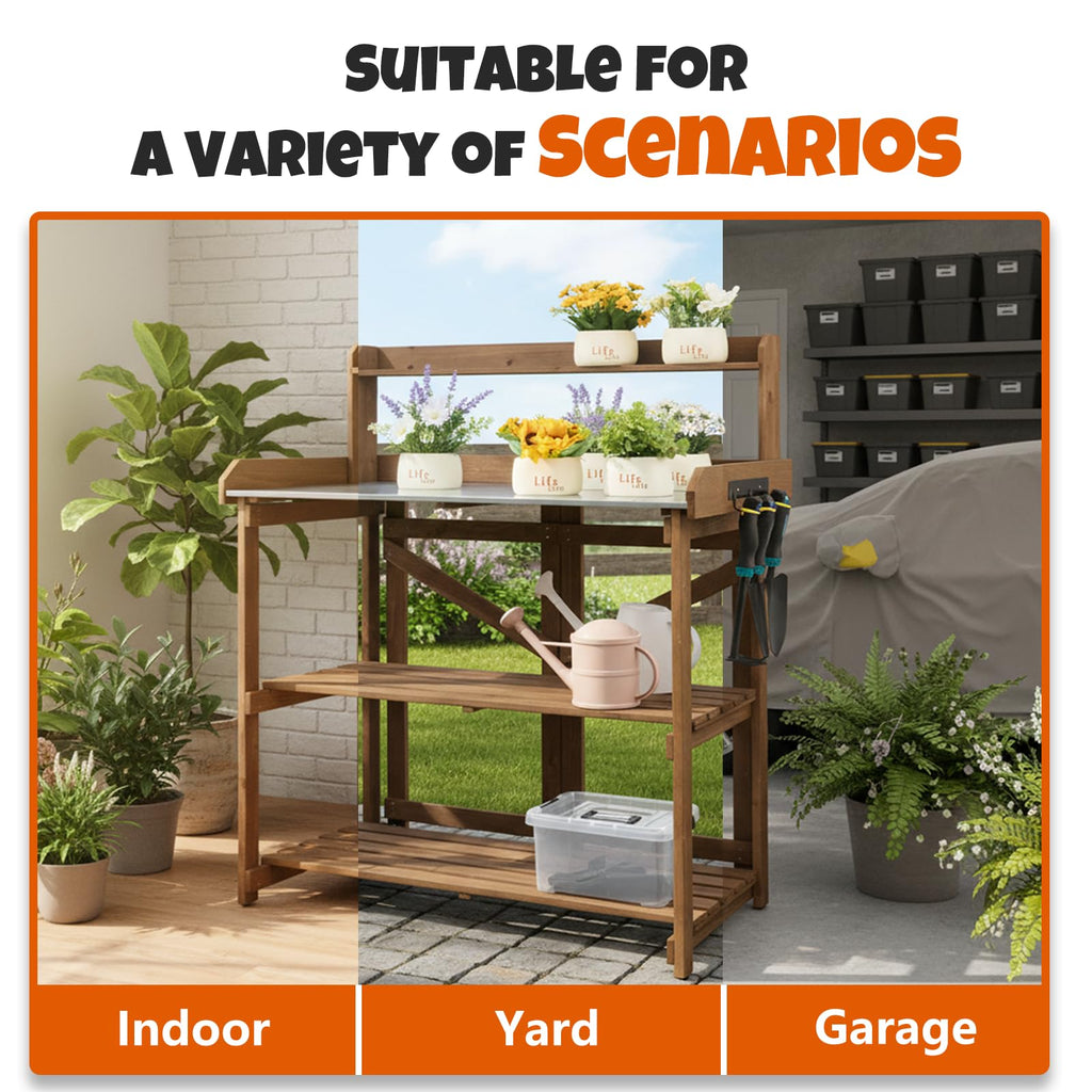 Outdoor Potting Bench Table, Indoor Wooden Work Station with Metal Table Top, Metal Hooks, Large Shelves, Heavy-Duty Gardening Workbench for Garden, Backyard, Patio, BBQ Prep Station, Easy Assembly