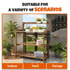 Outdoor Potting Bench Table, Indoor Wooden Work Station with Metal Table Top, Metal Hooks, Large Shelves, Heavy-Duty Gardening Workbench for Garden, Backyard, Patio, BBQ Prep Station, Easy Assembly
