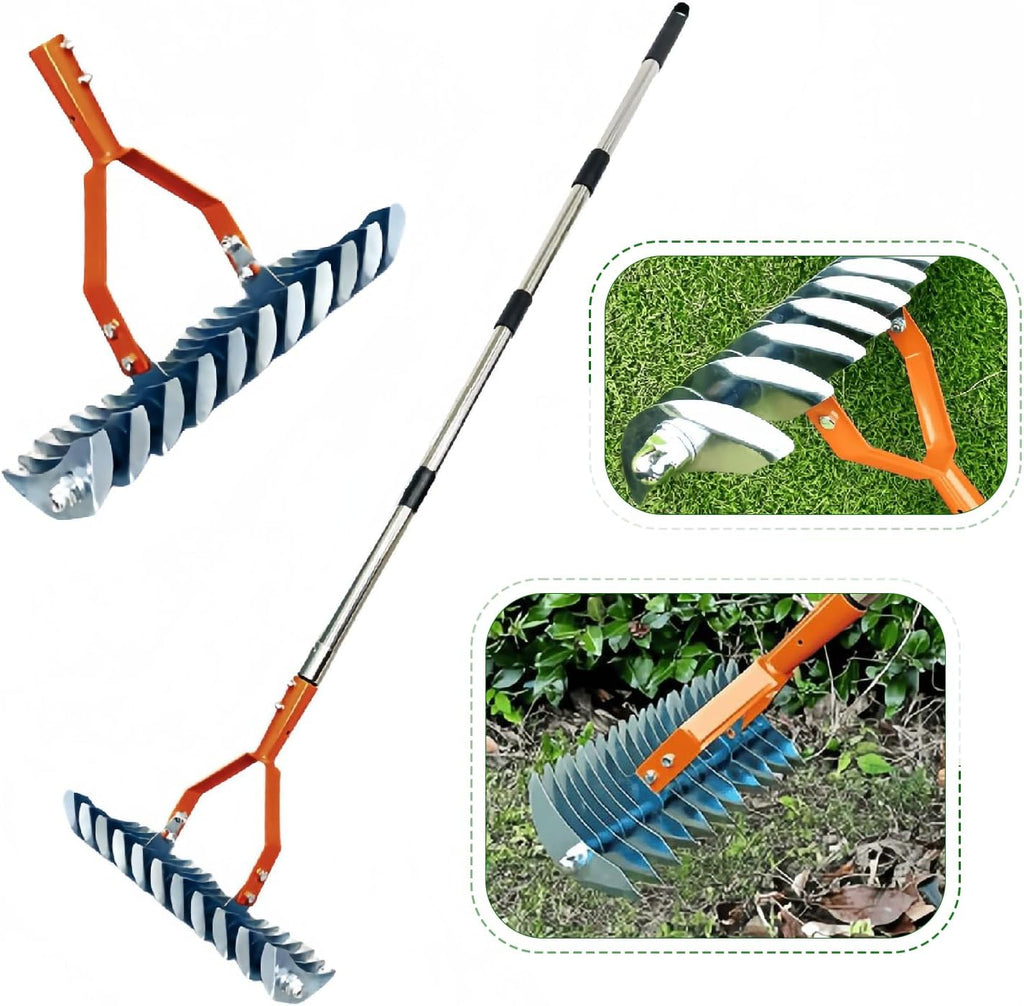 Thatch Rake,14" Wide 21-Tines Sturdy Garden Dethatcher Rake,Heavy Duty Ergonomic Adjustable Stainless Steel Handle;Durable Versatile Head for Removing Dead Grass and Leaves Clippings, Loosening Soil