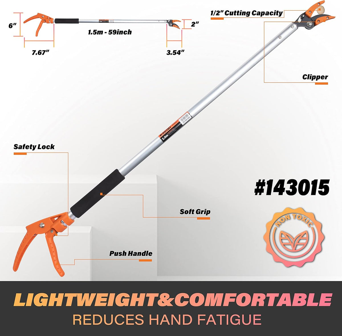 KSEIBI 143015 Long Reach Cut and Hold Bypass Pruner Max Cutting 5/16 inch (5.0 ft - 1.5 m)