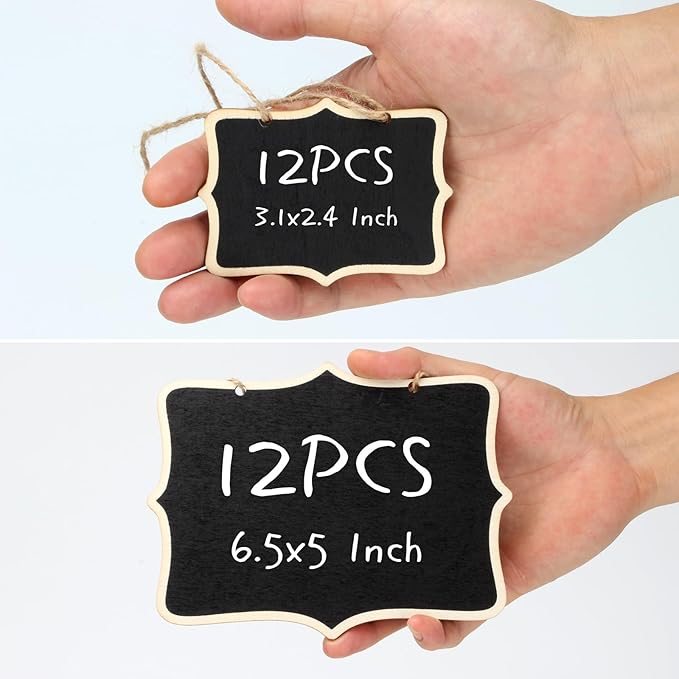 12 Pcs Mini Rectangle Chalkboard Label for Message Board Signs, Mini Wooden Chalkboards Signs, Small Hanging Blackboard Labels for Wedding Party Crafts Name Tags, 3.1x2.4 Inch