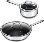 Hybrid Nonstick Cookware Set,Stainless Steel 12 Inch Frying Pan & 2QT Saucepan with Steamer Basket,3 PCS Silicone Kitchen Utensils Set