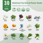 Organo Republic 30 Medicinal Tea Herb & Flower Seeds Variety Pack - 13600+ Non-GMO Heirloom Flower Seeds for Outdoor & Indoor Garden, Including Bergamot, Catnip, Calendula, Dandelion, Lovage, Zinnia