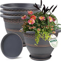 4 Pack 12 Inch Large Plant Pots, Plastic Flower Pot for Indoor & Outdoor with Drainage Holes & Saucer, Plaid Pattern Planters Garden Pots for Herbs Bronze