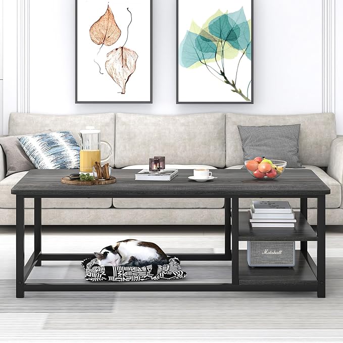 EXCEFUR Coffee Table, Rustic Wood and Metal Living Room Table with Adjustable Storage Shelf, Dark Grey, 47 Inch