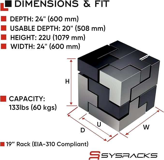 Sysracks 22U Wall Mount Server Rack Cabinet, 19” Locking Network Rack, 24” Deep, Glass Door, with Fan, PDU and Shelf