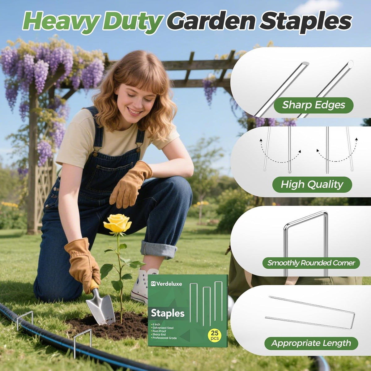 25 Pack Garden Staples,6 Inch 11 Gauge Galvanized U-Shaped Garden Stakes,Heavy-Duty Ground Yard Stakes for Inflatables,Irrigation Tubing,Holding Fence,Weed Barrier,Decoration