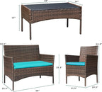 Greesum Patio Furniture 4 Pieces Conversation Sets Outdoor Wicker Rattan Chairs Garden Backyard Balcony Porch Poolside loveseat with Soft Cushion and Glass Table, Brown and Blue