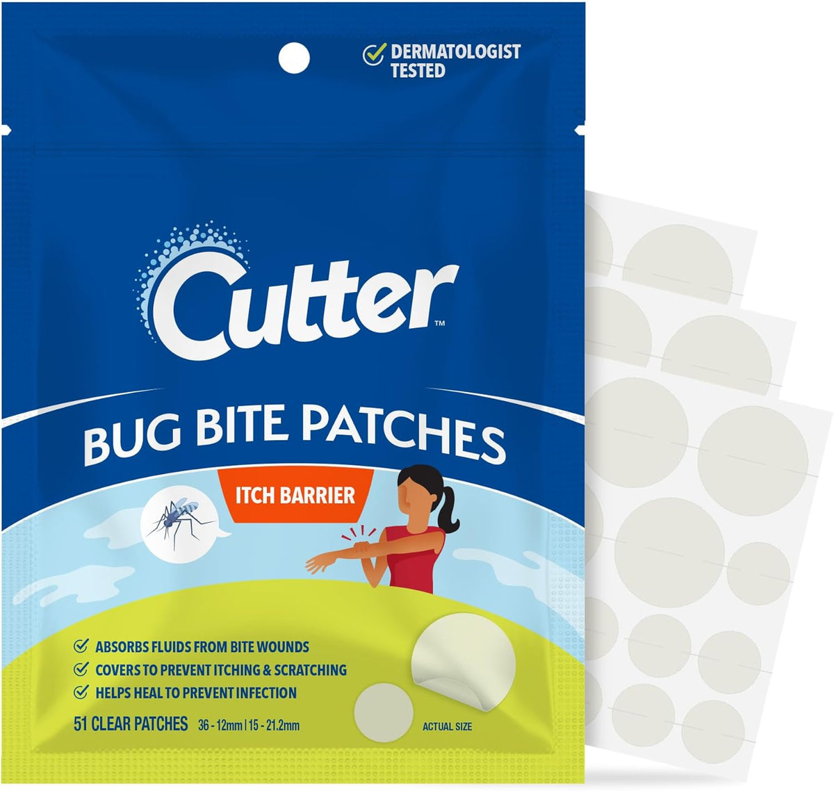 Cutter Bug Bite Patches Itch Relief Hydrocolloid Patches for Kids & Adults, Absorbs Fluids, Helps Heal, Prevents Scratching, Mosquito Itch Relief, Hydrocortisone & Suction Tool Alternative, 51 Count