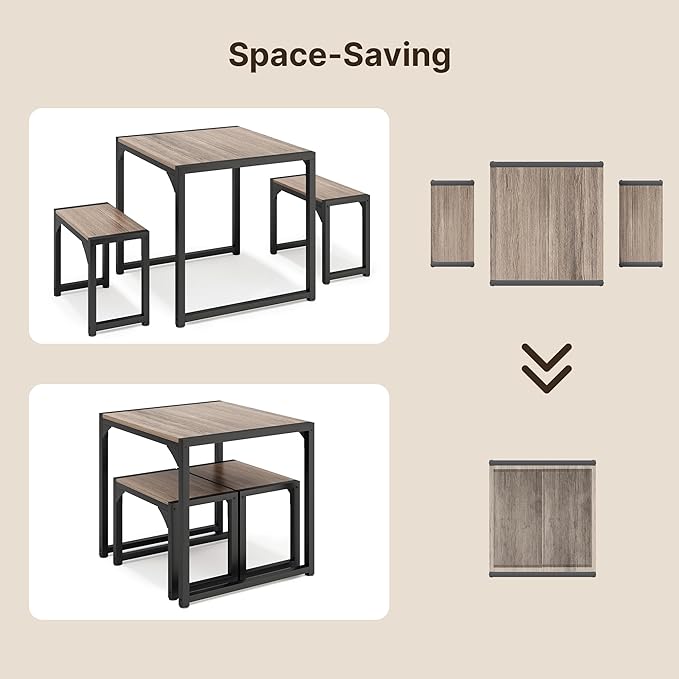Gizoon Dining Table Set for 2, Kitchen Table Set for 2 with Steel Frame, Kitchen Table with 2 Benches for Small Space, Space Saving Design for Restaurant, Living Room, Grey