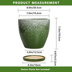 Ceramic Pots for Plants - 8 Inch Planter for Indoor Outdoor Plants, Round Planter, Large Flower Pot with Drainage and Saucer, Home Room Garden Office Decor, Birthday Gifts, Green