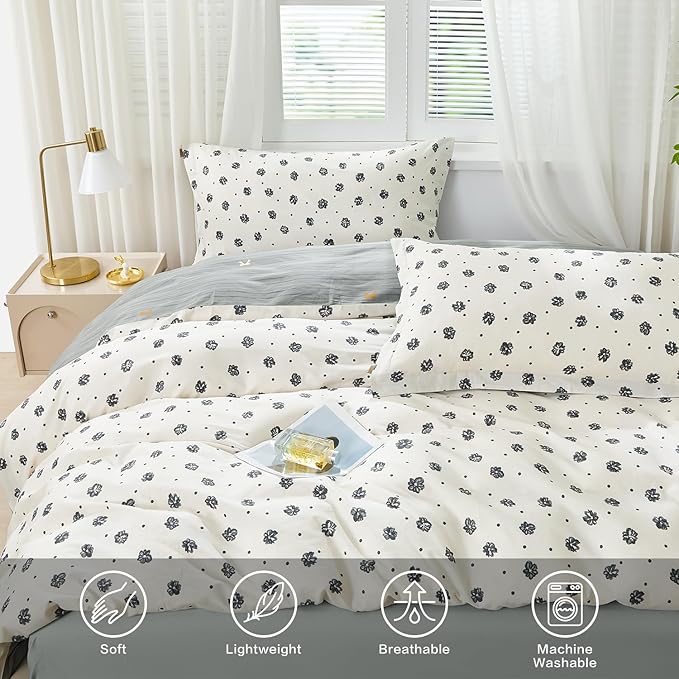 SAPHREAS Black Watercolor Floral Duvet Cover Set 3pcs King Size Botanical White Bedding Comforter Cover Set 100% Cotton 1 Duvet Cover 104"x90" 2 Pillow Shams, Comforter Not Included