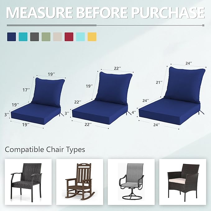 22x22 Inch Patio Chair Cushions Set of 4, Outdoor Furniture Cushions - Removable Cover, Water-Repellent, Fade-Resistant, Non-Slip Bottom & Straps, Replacement for Lawn, Porch & Deck Chair - Navy