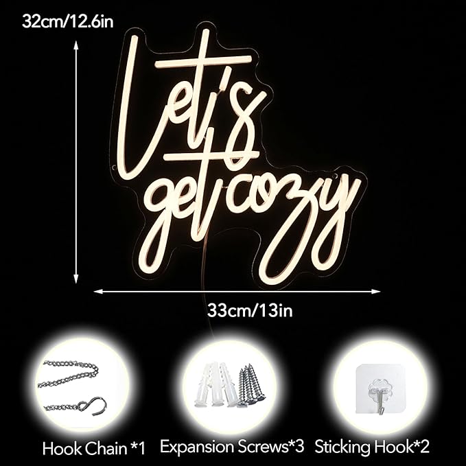 Let's Get Cozy Neon Signs, Wall Decor, Warm White Led Signs Usb Powered, Living Room Decor, Game Room Decor, For Adult Boys Girls Bedroom Restaurant Bar Hotel Party Birthday (13×12.6 in)