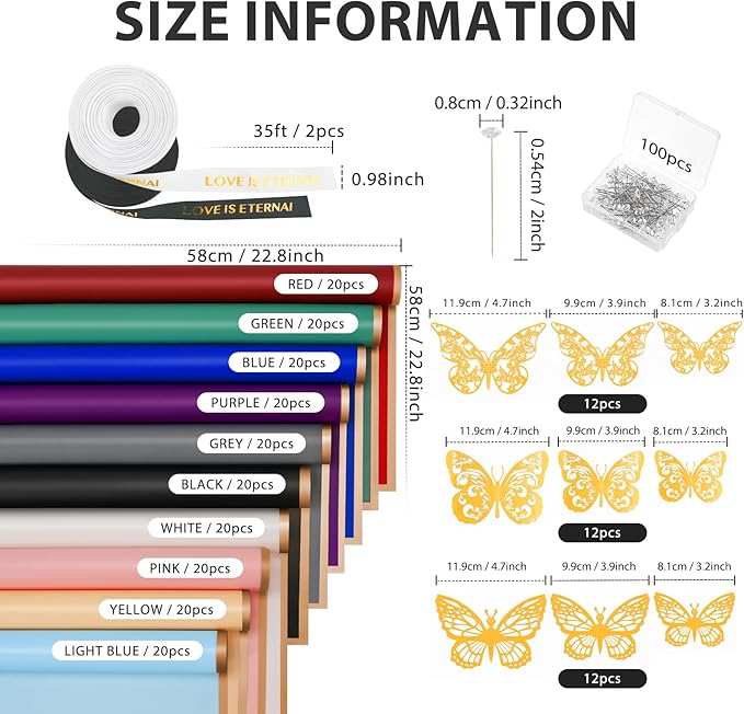 NESCCI 200 Sheets Flower Wrapping Paper - Waterproof Florist Bouquet Paper,70Ft Satin Ribbon, 36 Pcs 3D Butterflies 100 PCS Flower Pins for Wedding Birthday Gift DIY (10 Colors)