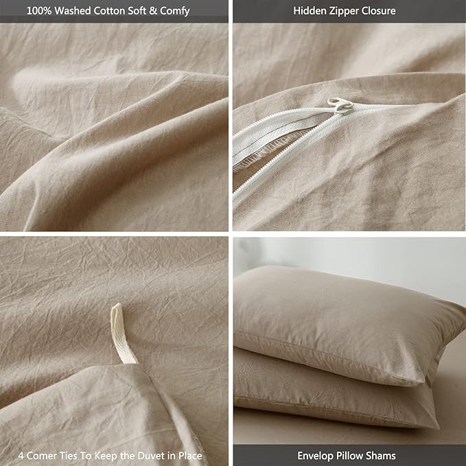 MooMee Bedding Duvet Cover Set 100% Washed Cotton Linen Like Textured Breathable Durable Soft Comfy (Heathered Taupe, Cal King 104"x98")