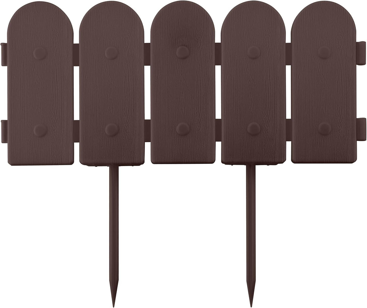 Evelyne Garden Border Plastic Edging: Wooden Fence Design - 16pcs Brown Yard Landscaping Fence Liner Lawn Edge Barrier - 20ft Kit of Decorative Lawn Panels Elements -Landscaping Edging-GMT-10374-A16