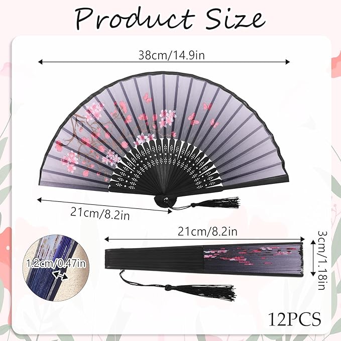 12 Pcs Fans for Line Dancing Vintage Silk Floral Folding Fan Chinese Hand Fans for Women Bulk Bamboo Handheld Fan with Tassel for Wedding Party Cosplay Supplies