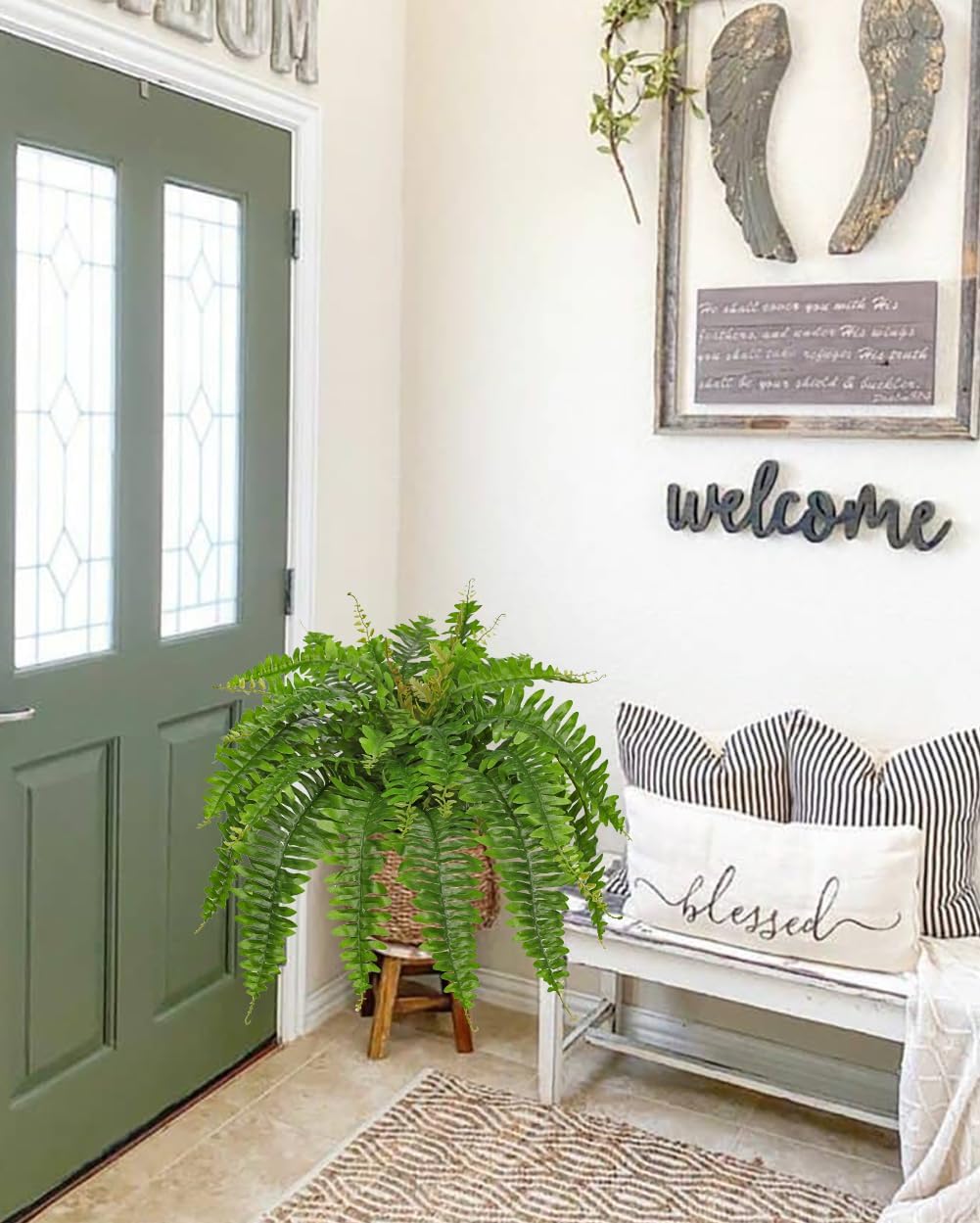 Hollyone Artificial Fern Plants in White Pot 25.5" Medium Artificial Boston Fern 31 Leaves for Outdoors & Indoor Faux Potted Plants Fake Ferns Bush Plant Patio Garden Farmhouse Porch Home Decor Green