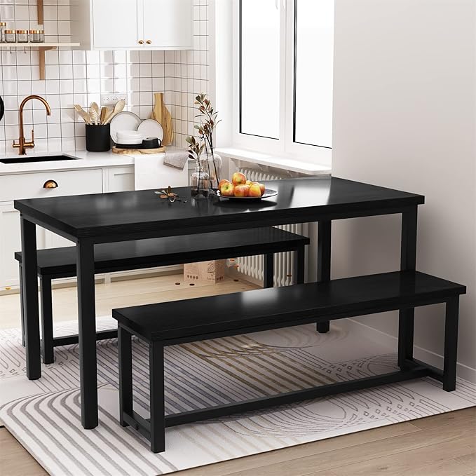 Recaceik Dining Room Table Set with 2 Benches, Kitchen Dining Table Set for 2-4 Person, Space Saving Kitchen Table and Chair Set with Metal Frame for Dining Room, Small Space, Breakfast Nook(Black)