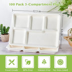 ECOLipak 100% Compostable 5 Compartment Plates, 100 Pack Disposable Compartment Paper Plates, 12.5 * 8.6 inch Biodegradable Sugarcane Plates, Eco-Friendly School Lunch Trays