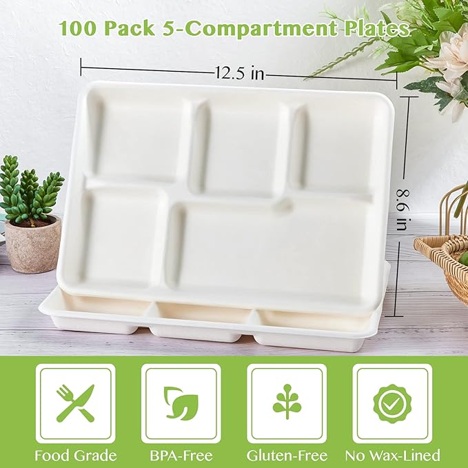 ECOLipak 100% Compostable 5 Compartment Plates, 100 Pack Disposable Compartment Paper Plates, 12.5 * 8.6 inch Biodegradable Sugarcane Plates, Eco-Friendly School Lunch Trays