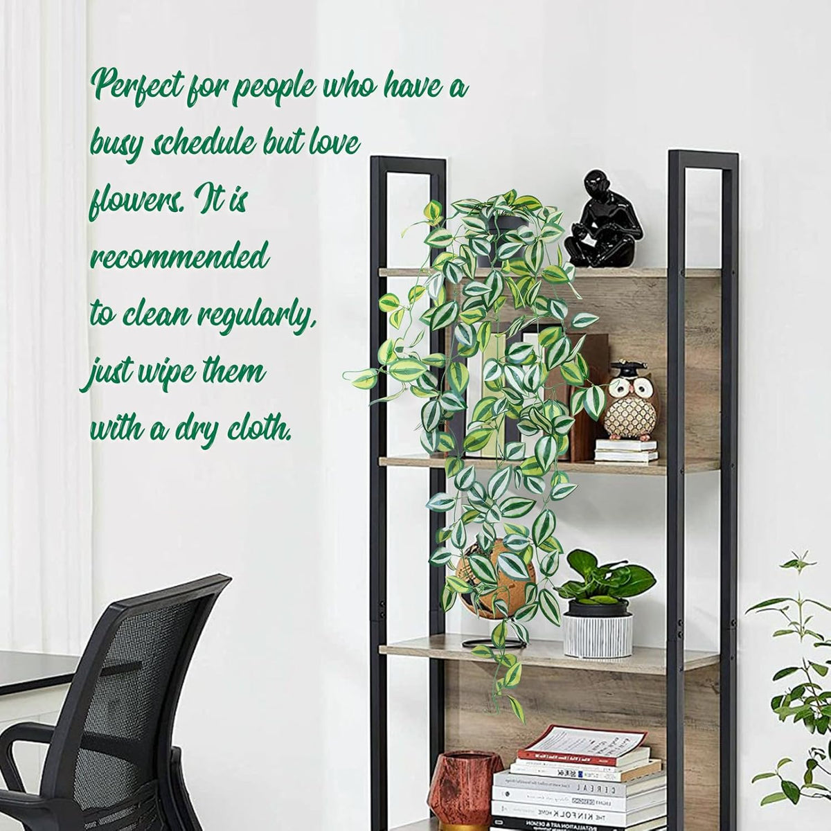 LOYWREE 3 Pack Fake Hanging Plants - Small Potted Plants with Green Eyebrow-Leaf Trailing Vines, Indoor Outdoor Aesthetic Decor for Office, Living Room Shelf & Home Accent (Black Pot)