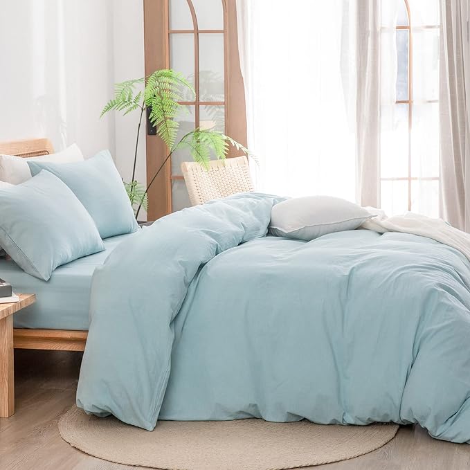 BESTOUCH Duvet Cover Set 100% Washed Cotton Linen Feel Super Soft Comfortable Chic Lightweight 2 PCs Home Bedding Set Solid Hushed Green Twin/Twin XL