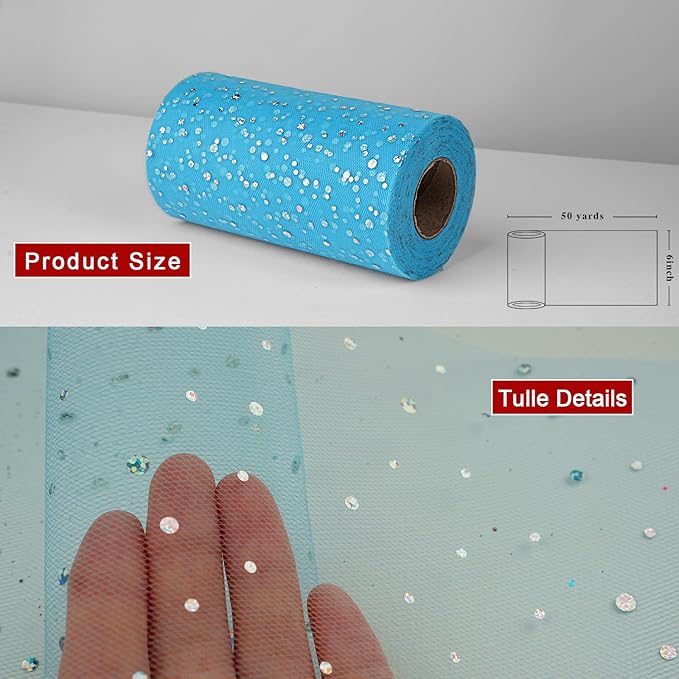 Glitter Tulle Rolls, 6” by 50 Yards (150FT) Netting Fabric Tulle for Tutu Skirts Sewing Birthday Wedding Party Decoration (Peacock Blue)