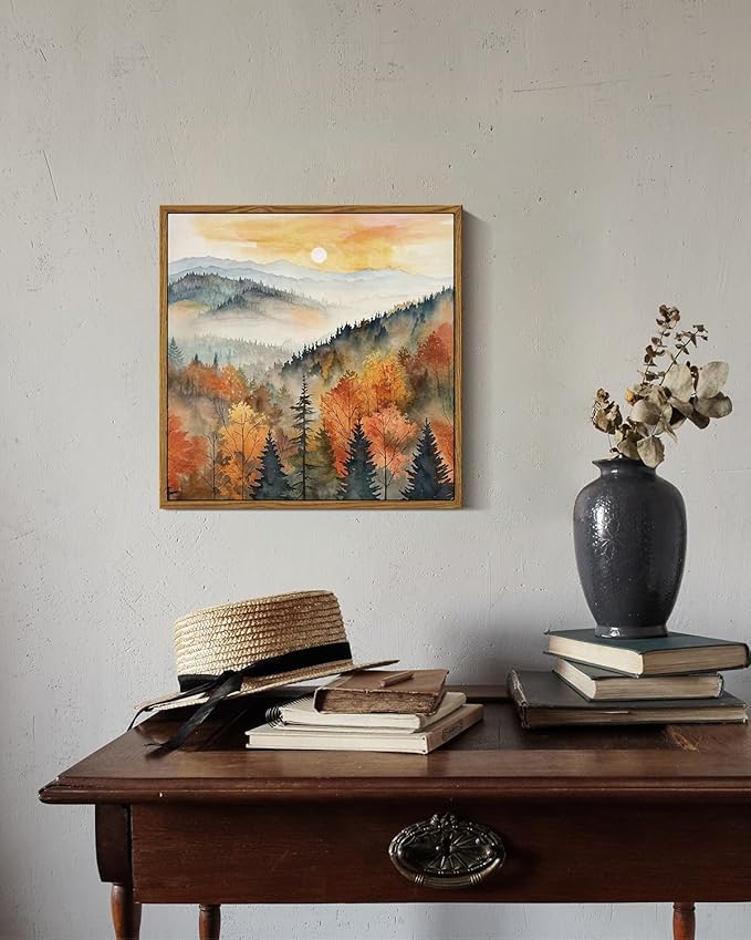 InSimSea Square Framed Canvas Wall Art, Nature Scenery Decor Farmhouse Quiet Forest Awakening Wall Art Prints, Autumn Fall Classical Retro Living Room Bedroom Office Home Decor 12"x12"