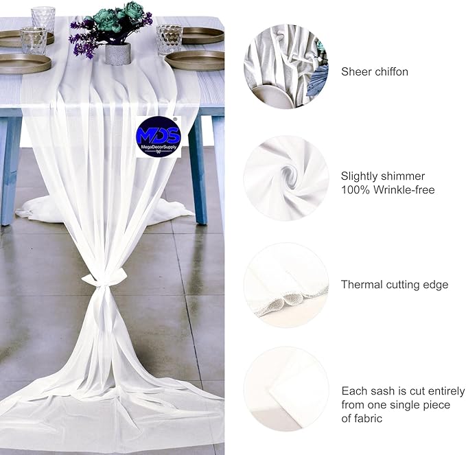 MDS 20 Pack 10ft Chiffon Table Runner 29 x 120 Inches Sheer Wedding Runner Romantic Rustic Table Runner for Wedding Decorations, Birthday Parties, Bridal Shower Party Arch Decor - Ivory