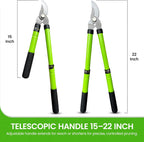 Garden Guru Bypass Loppers Tree Trimmer Clipper w/Telescopic Handle 15–22" - High Carbon Steel Blade Gardening Loppers Pruning Shear - Comfort Grip Handles – Branch Cutter (2 Pack)