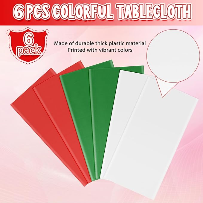 MASHAN 6 Pack Christmas Tablecloth Bulk, Red White Green Disposable Tablecloths, Rectangle Italy Theme Table Covers for Christmas Family Gathering Dining and Italian Party Decoration,54 x 108 Inch