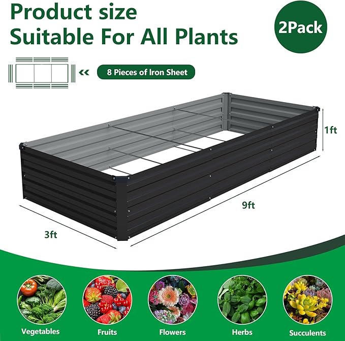Vengarus 2 Pack 9x3x1FT Galvanized Raised Garden Bed Kit, Outdoor Metal Planter Box for Vegetables, Rectangular Steel Container, Easy Assembly (Black)