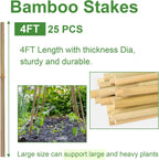 Garden Stakes 4ft, Natural Bamboo Stakes 4 Feet, Thicker Sturdy Plant Stakes 25 Pack for Tomatoes, Beans, Flowers, Potted and More Climbing Plants