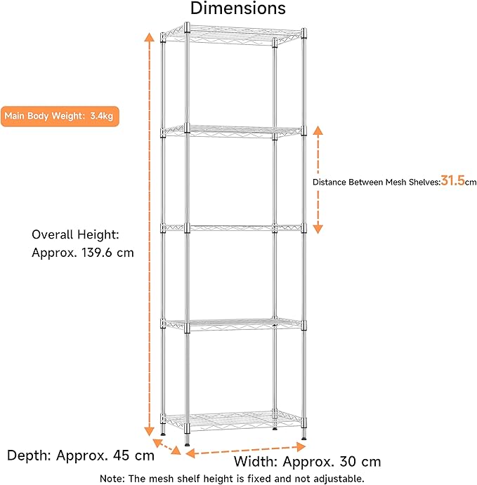 IZEUK 5 Tier Metal Wire Shelf Unit, Chrome Storage Rack Organizer for Kitchen, Bedroom, Living Room or Laundry Room, 17.7" W x 11.8" D x 55.0" H