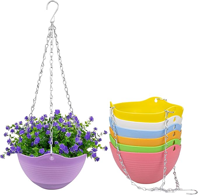 Foraineam Set of 7 Colors Self-Watering Hanging Planter Indoor Outdoor Garden Flower Plant Pot Container with Drainer and Hanging Chain