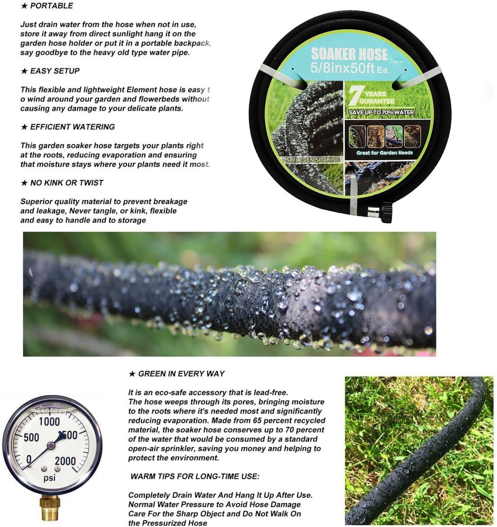 Soaker Hose with Connector 5/8in Diameter 25FT 50FT Black Garden Water Hose Flower Bed and Lawn Lightweight Hose (25FT)