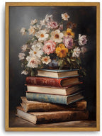 Djmwtb Vintage Framed Wall Art Floral Book Canvas Wall Art Prints Moody Flower Painting Literary Pictures Artwork for Living Room Bedroom Bathroom Office 12x16in