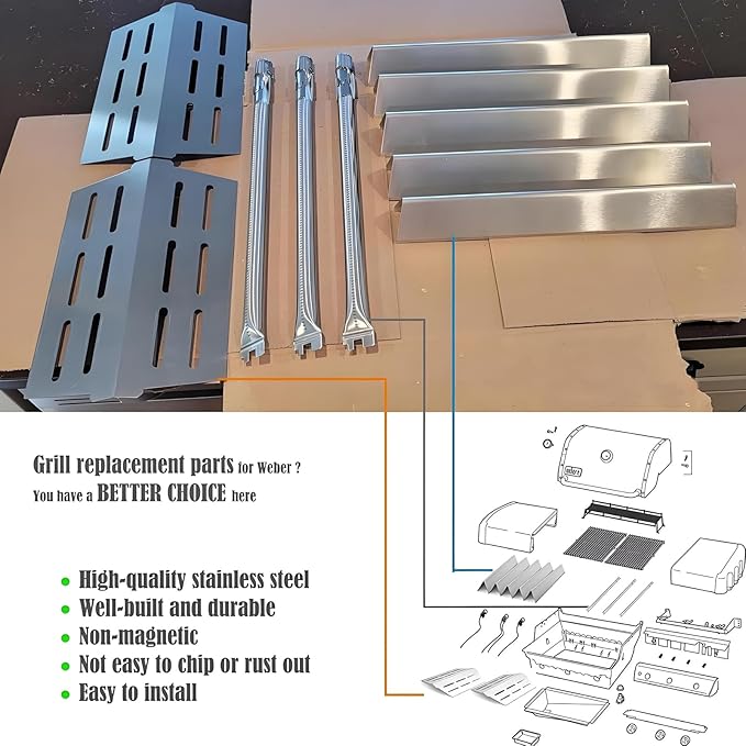 Genesis Grill Parts for Weber E310 E320 E330 EP310 EP320 EP330, 17.5” Flavorizer Bars 7620 Heat Deflector 7622 Burner Tube 62752 for Weber Genesis 300, Grill Replacement Parts for Weber Accessories