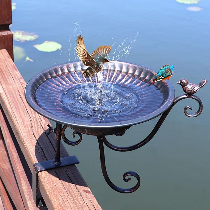 HLQMFHT Solar Bird Bath,Deck Bird Bath with Solar Fountain,Metal Bird Bath Bubbler,Deck Mounted Bird Bath,Adjustable Sturdy Balcony Bird Bath,Patio Garden Decor（Bronze）