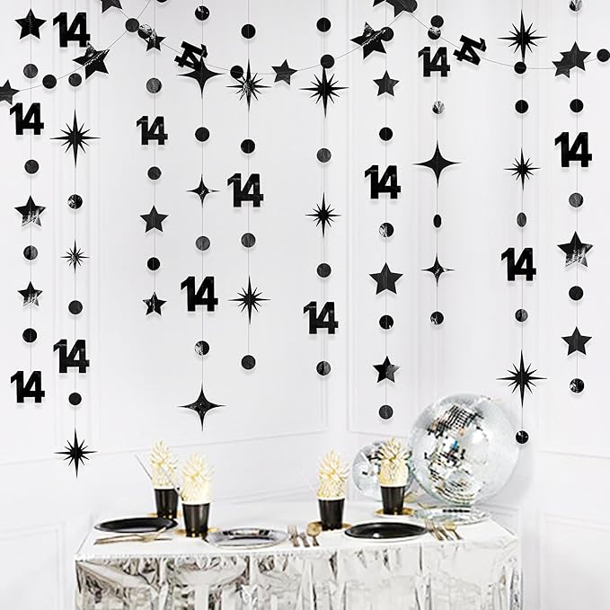 Black 14th Birthday Decorations Number 14 Circle Dot Star Garland Metallic Hanging Streamer Banner Backdrop for Girls Boys Happy 14 Years Old Fabulous Birthday Fourteen Anniversary Party Supplies