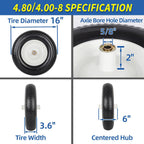 4.80/4.00-8" Flat-Free Tire and Wheel 16" Solid Wheelbarrow Tire, 6" Centered Hub, 5/8" Axle Bore Hole for Wheel Barrow Garden Utility Cart Replacement