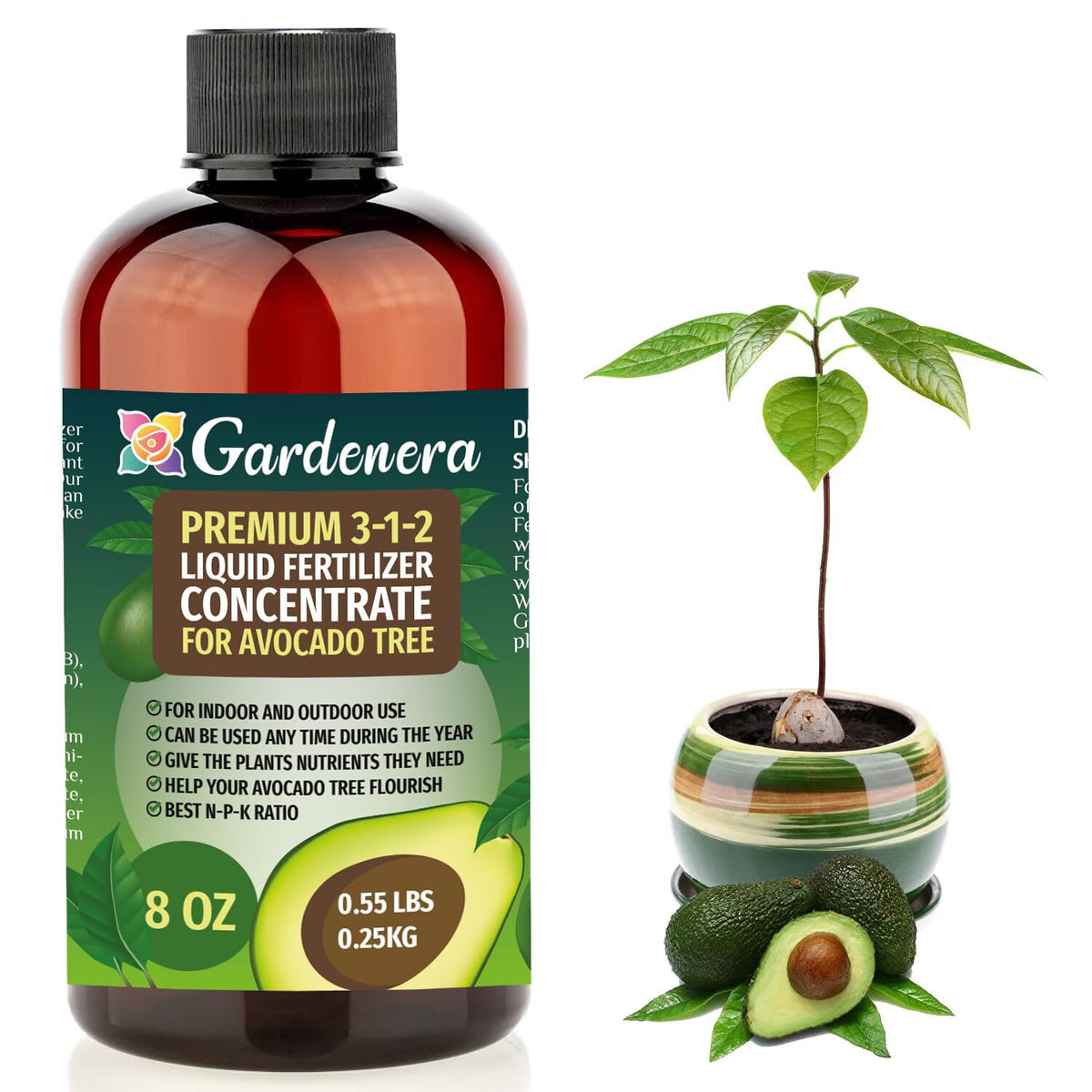 Premium Liquid Avocado Plant Fertilizer - 3-1-2 Concentrate for Indoor Plants and Flowers by Gardenera | Organic Plant Food for Avocado Trees - 8oz